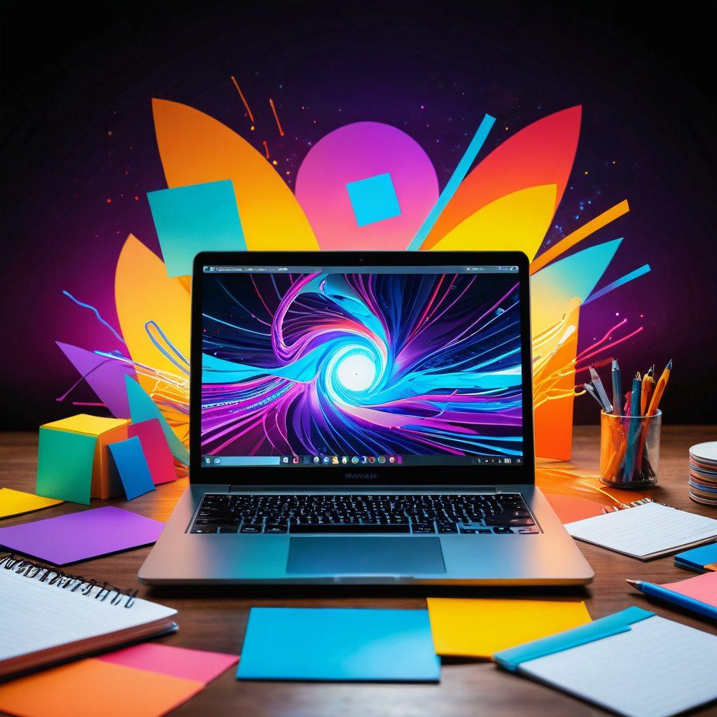 A futuristic, open laptop displaying a vibrant blogging interface filled with colorful, dynamic graphics representing creativity and ideas. Around the laptop, scattered notebooks, art supplies, and colorful post-it notes, all emanating a sense of innovation. Soft light glowing from the screen, creating an inviting atmosphere that sparks inspiration. Background with abstract shapes and flowing patterns symbolizing creative energy. super-realistic. vibrant colors. digital art.