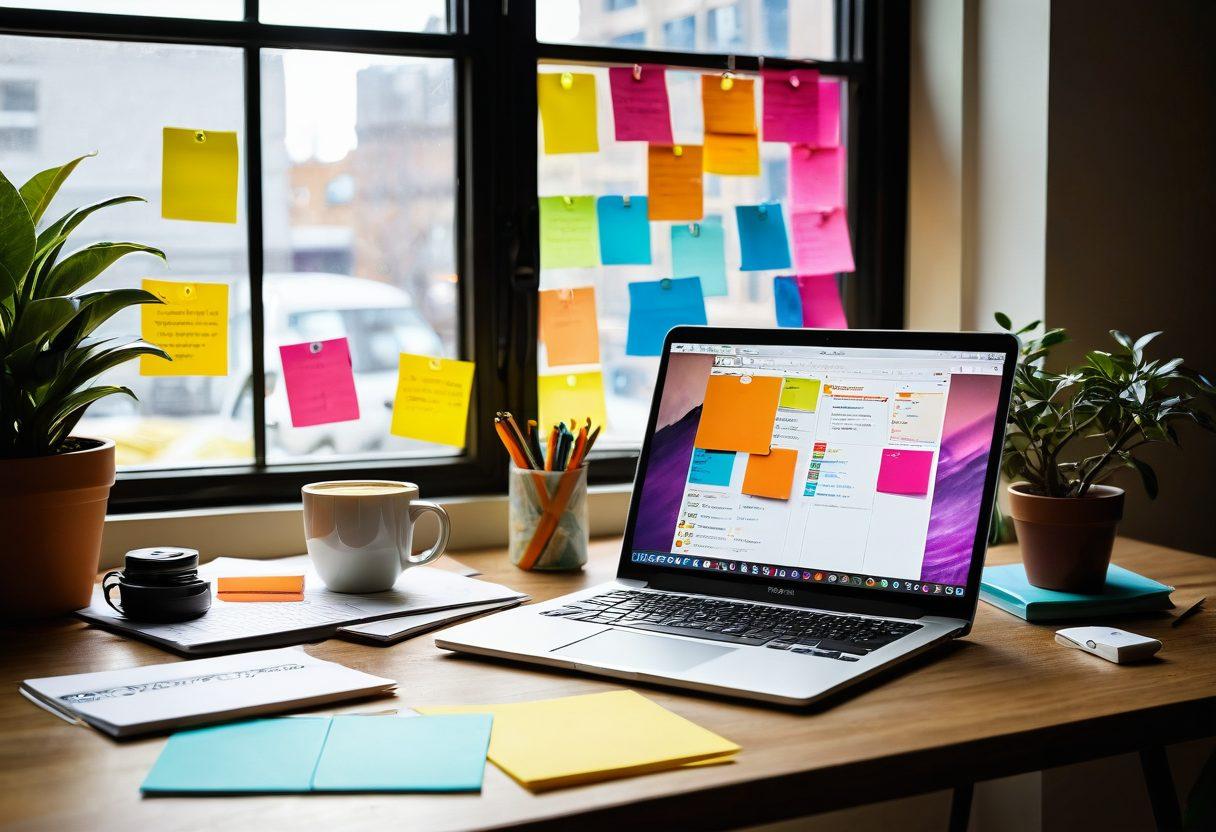 A vibrant workspace featuring a laptop displaying the Woix Platform interface, surrounded by colorful sticky notes with blogging tips, an open notebook filled with brainstorming ideas, and tools like a camera and a microphone. Additionally, a cup of coffee sits nearby, with a sunny window in the background to evoke creativity and productivity. super-realistic. vibrant colors. cozy atmosphere.