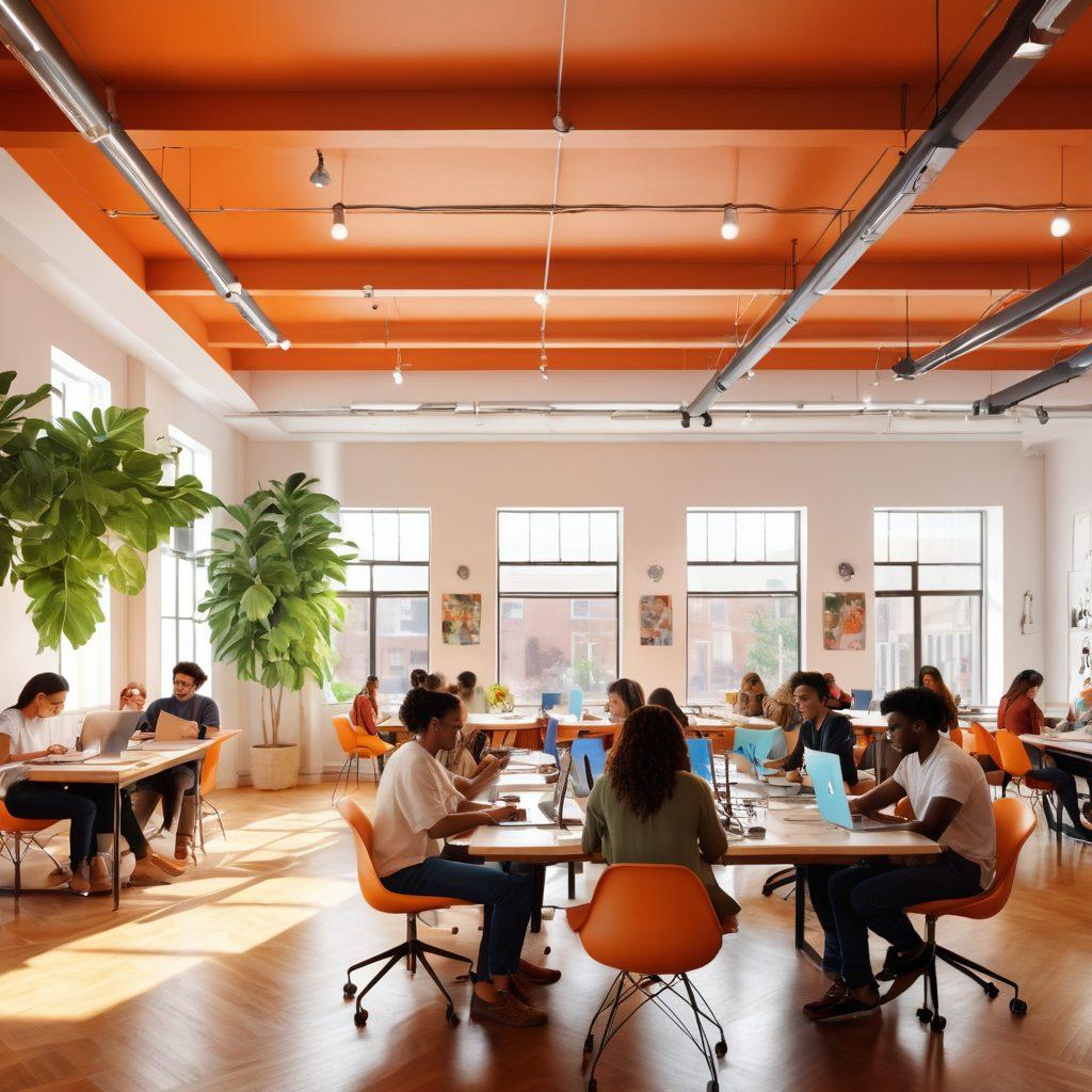A vibrant and diverse group of people collaborating in an open, bright space filled with laptops and notebooks, showcasing active discussions and sharing ideas. Include visual elements representing various cultures, community symbols, and technology, symbolizing growth and collaboration. The scene should exude a sense of enthusiasm and vitality, with a blend of warm colors and natural light streaming in. super-realistic. vibrant colors. digital art.